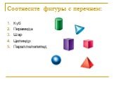 Соотнесите фигуры с перечнем: Куб Пирамида Шар Цилиндр Параллелепипед