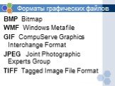 Форматы графических файлов. BMP Bitmap WMF Windows Metafile GIF CompuServe Graphics Interchange Format JPEG Joint Photographic Experts Group TIFF Tagged Image File Format