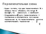 Будем считать, что два переключателя Х и связаны таким образом, что когда Х замкнут, то разомкнут, и наоборот. Следовательно, если переключателю Х поставлена в соответствие логическая переменная х, то переключателю должна соответствовать переменная .