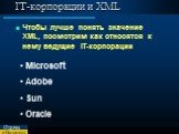 IT-корпорации и XML. Чтобы лучше понять значение XML, посмотрим как относятся к нему ведущие IT-корпорации. Microsoft Adobe Sun Oracle