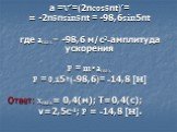 а =V’=(2πcos5πt)’= = -2π5πsin5πt = -98,6sin5πt где amax= -98,6 м/с2-амплитуда ускорения F = m•amax F = 0,15*(-98,6)= -14,8 [H] Ответ: xmax= 0,4(м); Т=0,4(с); ν=2,5с-1; F = -14,8 [H].