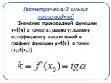 Значение производной функции y=f(х) в точке х0 равно угловому коэффициенту касательной к графику функции y=f(х) в точке (х0;f(x0))