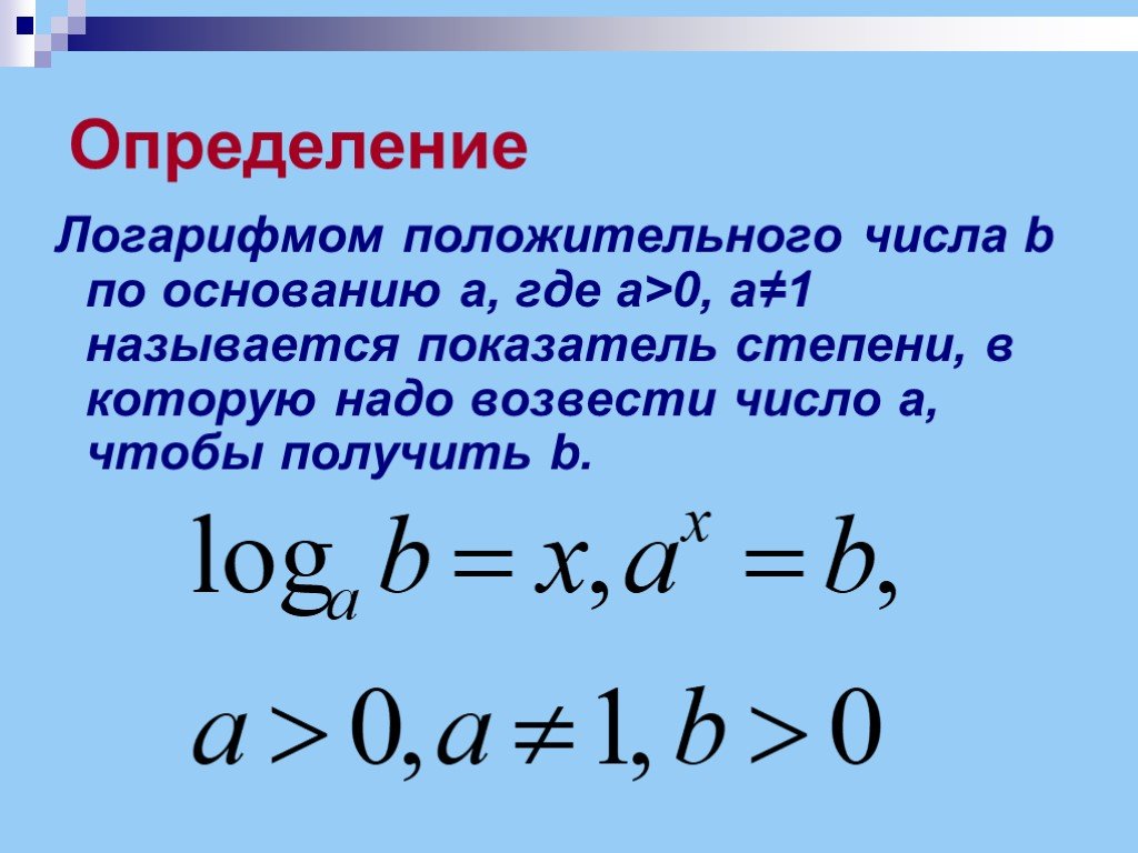 Основание логарифма. Логарифмом числа b (b > 0) по основанию a (a > 0, a ≠ 1) называется.... Логарифм числа b по основанию a. Логарифм это степень в которую надо возвести. Логарифм положительного числа b по основанию a.