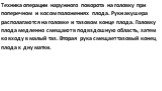 Техника операции наружного поворота на головку при поперечном и косом положениях плода. Руки акушера располагаются на головке и тазовом конце плода. Головку плода медленно смещают в подвздошную область, затем ко входу в малый таз. Вторая рука смещает тазовый конец плода к дну матки.