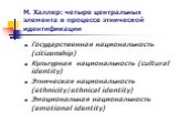 М. Халлер: четыре центральных элемента в процессе этнической идентификации. Государственная национальность (citizenship) Культурная национальность (cultural identity) Этническая национальность (ethnicity|ethnical identity) Эмоциональная национальность (emotional identity)