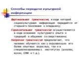 Способы передачи культурной информации. Вертикальная трансмиссия, в ходе которой социокультурная информация передаётся от старшего поколения к младшему; Горизонтальная трансмиссия осуществляется в ходе освоения культурного опыта и традиций в общении со сверстниками; Непрямая трансмиссия предполагает