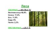 Леса. ХВОЙНЫЕ – 4/5 (78,3 %) Лиственница 40,6% Сосна 17,4% Ель 11,9% Кедр 6% Пихта 2,3% ЛИСТВЕННЫЕ – 21,7 %