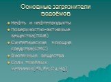 Основные загрязнители водоёмов. Нефть и нефтепродукты Поверхностно-активные вещества(ПАВ) Синтетические моющие средства(СМС) Биогенные вещества Соли тяжёлых металлов(Pb,Fe,Cu,Hg)