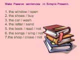 Make Passive sentences in Simple Present. 1. the window / open 2. the shoes / buy 3. the car / wash 4. the letter / send 5. the book / read / not 6. the songs / sing / not 7.the shop / close / not