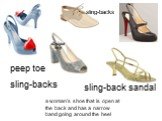 peep toe sling-backs. a woman's shoe that is open at the back and has a narrow band going around the heel. sling-back sandal sling-backs