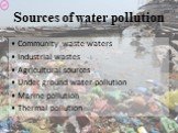 Sources of water pollution. Community waste waters Industrial wastes Agricultural sources Under ground water pollution Marine pollution Thermal pollution