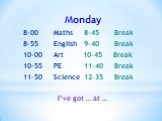 Monday 8-00 Maths 8-45 Break 8-55 English 9-40 Break 10-00 Art 10-45 Break 10-55 PE 11-40 Break 11-50 Science 12-35 Break I’ve got … at …