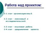 Работа над проектом: 1 этап- организационный. 2 этап - поисковый и исследовательский. 3 этап - языковая работа. 4 этап - предъявление проекта.