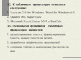 А2. К табличным процессорам относятся следующие: 1. Lexicon 2.0 for Windows, Word for Windows 6.0 2. Quattro Pro, Super Calc 3. Microsoft Excel,Lotus 1-2-3 и StarCalc А3. Основными функциями табличных процессоров являются: 1. редактирование текста, форматирование текста, вывод текста на печать 2. ра