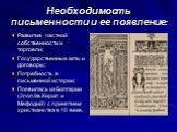 Необходимость письменности и ее появление: Развитие частной собственности и торговли; Государственные акты и договоры; Потребность в письменной истории; Появилась из Болгарии (2пол.9в.Кирил и Мефодий) с принятием христианства в 10 веке.