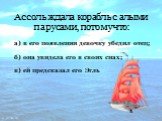 Ассоль ждала корабль с алыми парусами, потому что: б) она увидела его в своих снах; в) ей предсказал его Эгль. а) в его появлении девочку убедил отец;