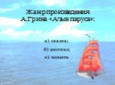 Жанр произведения А.Грина «Алые паруса»: а) сказка; в) повесть б) рассказ;