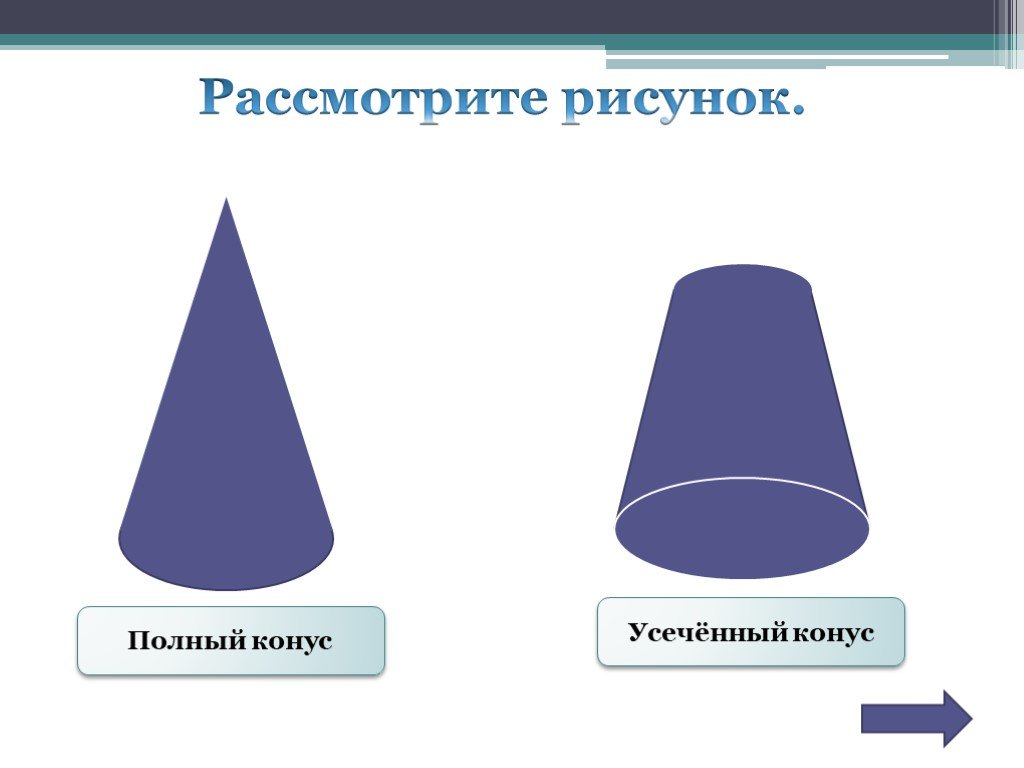 5 конусов. Понятие конуса. Конус геометрическое тело. Понятие усеченного конуса. Конус полный и усеченный.