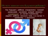 От чего зависит пол будущего ребенка ? Пол будущего ребёнка определяется половой хромосомой, носителем которой является сперматозоид (в случае X-хромосомы — родится ребёнок женского пола, а в случае Y-хромосомы — мужского).