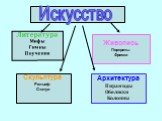 Литература Мифы Гимны Поучения. Живопись Портреты Фрески. Архитектура Пирамиды Обелиски Колонны. Скульптура Рельеф Статуи. Искусство