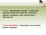 Статус – определенная позиция в социальной структуре группы или общества, связанная с другими позициями через систему прав и обязанностей. Статусный набор – совокупность всех статусов данного индивида.