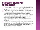 Стандарт включает требования. к результатам освоения основной образовательной программы начального общего образования к структуре основной образовательной программы начального общего образования, в том числе требования к соотношению частей основной образовательной программы и их объему, а также к со