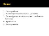 План: 1. Цели работы 2. Классификация пищевых добавок. 3. Расшифровка кодов пищевых добавок и таблица 4. Красители 5. Консерванты