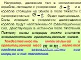 Например, движение тел в космическом корабле, летящим с ускорением и в корабле стоящем на Земле в поле тяжести с напряженностью будет одинаковым. Силы инерции в ускоренно движущемся корабле будут неотличимы от гравитационных сил, действующих в истинном поле тяготения. Поэтому силы инерции можно счит