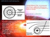 СТРУКТУРА ЧЕРНОЙ ДЫРЫ. Лучи света отклоняются мощным гравитационным полем, окружающим черную дыру. Вдали от дыры лучи искривляются слабо. Если же луч проходит совсем рядом с дырой, она может захватить его на круговую орбиту или засосать в себя совсем. сингулярность- всё вещество черной дыры собранно