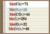 Mr(N2)=28 Mr(CO2)=44 Mr(Cl2)=71 Mr(I2)=254 Mr(NO2)=46 Mr(O2)=32