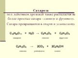 Сахароза под действием дрожжей также распадается на более простые сахара –глюкозу и фруктозу. Сахара превращаются в спирт и углекислоту. С12Н22О11 + Н2О → С6Н12О6 + С6Н12О6 сахароза глюкоза фруктоза С6Н12О6 → 2СО2 + 2С2Н5ОН глюкоза углекислота этанол