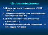 1. Школа научного управления (1885-1930 гг.) 2. Административная или классическая школа (1920-1950 гг.) 3. Школа человеческих отношений (1930-1950 гг.) 4. Математическая школа управления (с 50-х годов XX века). Школы менеджмента