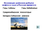 Основным районом добычи нефти и газа в России является. Западно-Сибирская равнина. Горы Хибины. Среднесибирское плоскогорье. Горы Забайкалья