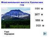 Максимальная высота Уральских гор. 1895 м 1191 м 2077 м 3121 м Гора Народная