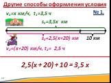 v1=х км/ч, t1=3,5 ч v2=(х+20) км/ч, t2= 2,5 ч s1=3,5х км s2=2,5(х+20) км 10 км 2,5(х + 20) + 10 = 3,5 х
