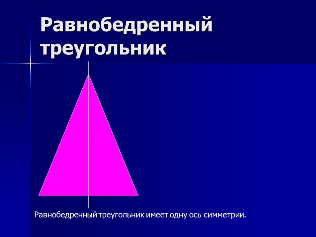 Равнобедренный треугольник имеет три оси симметрии верно. Ось симметрии равнобедренного треугольника. Симметрия равнобедренного треугольника. Равнобедренный треугольник имеет одну ось. Равнобедренный треугольник имеет одну ось симметрии.