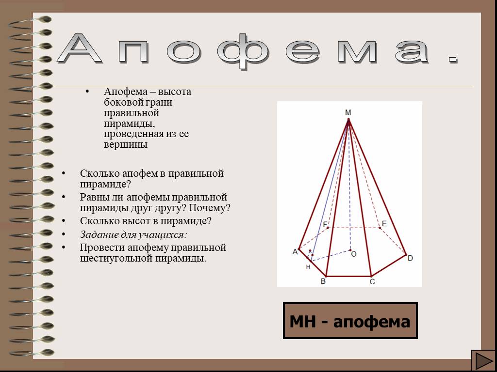 Апофема высота правильной пирамиды. Апофема формула нахождения. Формула апофемы боковой грани. Апофема грани пирамиды. Апофема пирамиды формула.