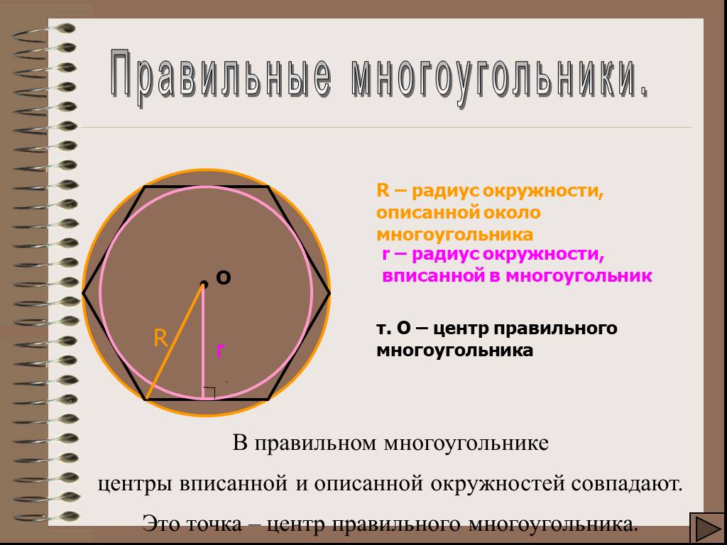 Около окружности описан правильный. Центр правильного многоугольника. Центр окружности вписанной в правильный многоугольник. Центр вписанной окружности в многоугольнике. Центр описанной окружности правильного многоугольника.