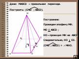 Дано: MAВCD – правильная пирамида. Построить: (CMD ; ABCD). Построение: Проведем апофему МН. МO AВСD ; НО – проекция МН на ABCD. Следовательно, НО CD. (СMВ ; ABCD) = МНО.