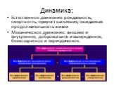 Динамика: Естественное движение: рождаемость, смертность, прирост населения, ожидаемая продолжительность жизни Механическое движение: внешнее и внутреннее, добровольное и вынужденное, безвозвратное и периодическое.