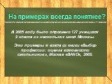 На примерах всегда понятнее? В 2005 году было опрошено 127 учащихся 9 класса из нескольких школ Москвы. Эти примеры я взяла из книги «Выбор профессии: оценка готовности школьников», Москва «ВАКО», 2009.