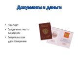 Документы и деньги. Паспорт Свидетельство о рождении Водительское удостоверение