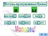 ёж…к шалаш… маш…на ш…шка ж…раф ж…вот и ы Молодец! Вставь пропущенные буквы