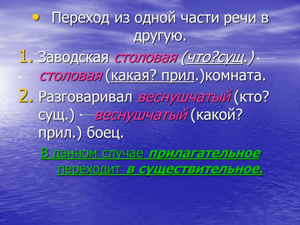 Переход из одной части речи в другую. Переход одной части речи в другую слова. Образование слова переходом из одной части речи в другую. Переход слов из 1 части речи в другую.