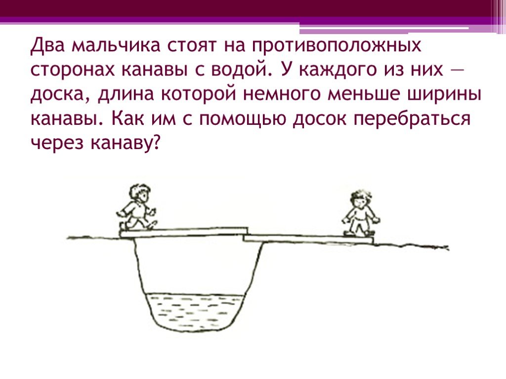 С помощью двух. Загадка про канаву. Противоположные стороны. Загадка с островом и досками. Стих про канаву.