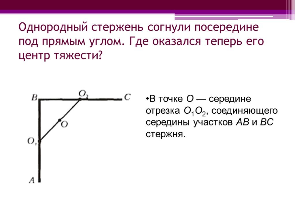 Под прямым углом. Однородный стержень согнут под прямым углом. Центр тяжести стержня. Однородный стержень согнули посередине под прямым углом.