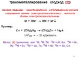 Трансметаллирование (подход [2]). Основа подхода – восстановление металлоорганического соединения менее электроположительного металла более электроположительным M + RM’  RM + M’ Пример: Zn + (CH3)2Hg  (CH3)2Zn + Hg H0298 = – 35 кДж/моль Метод [2] применим для 1M; 2M; 3M; 13M = Al, Ga; 14M = Sn,