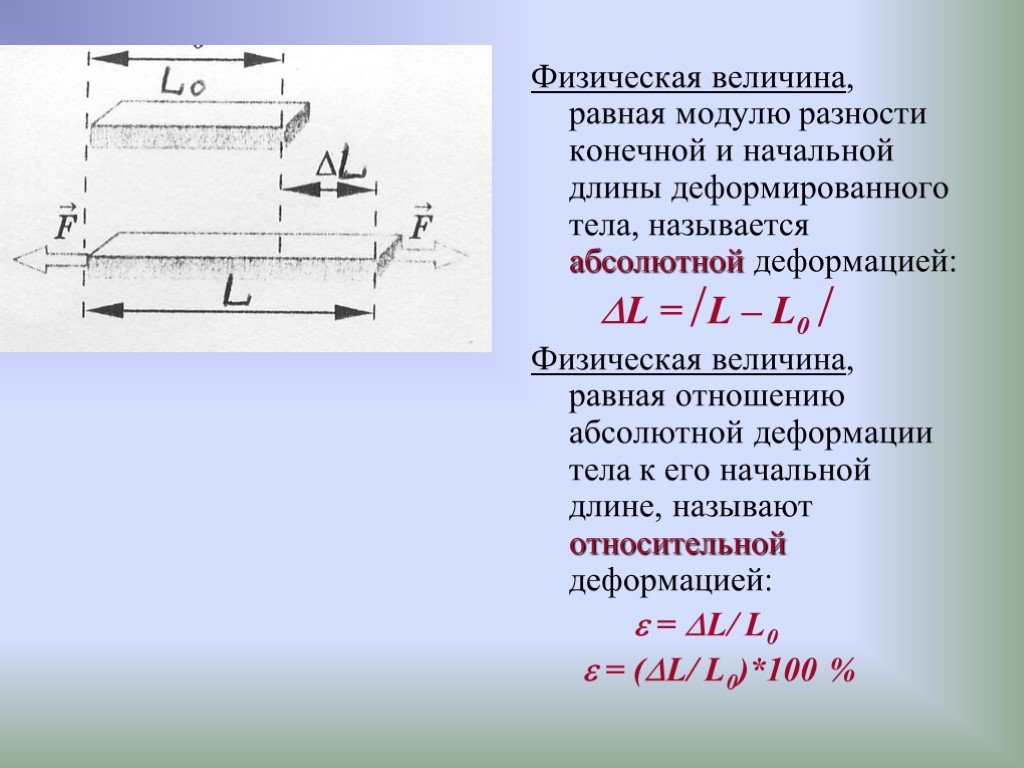 Расстояние между конечными. Физическая величина деформация. Расстояние равное разности между конечной и начальной длиной. Абсолютная деформация сопромат. Деформация величина физики.