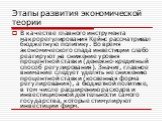 В качестве главного инструмента макрорегулирования Кейнс рассматривал бюджетную политику. Во время экономического спада инвестиции слабо реагируют на снижение уровня процентной ставки (денежно-кредитный способ регулирования). Значит, главное внимание следует уделять не снижению процентной ставки (ко