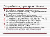 Потребности, ресурсы, блага. Потребности являются исходным пунктом экономической деятельности, а их удовлетворение – конечным результатом. Потребности многообразны, их можно классифицировать по различным критериям: - в средствах существования (еда, одежда, жилье); - в социально-культурных средствах 